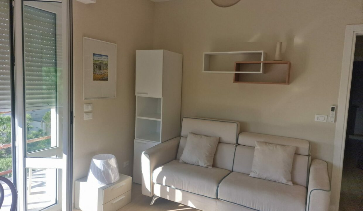 Trilocale Milano Marittima, zona living con divano grigio e porta balcone